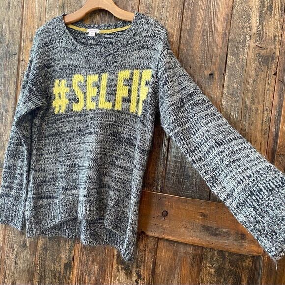 Xhilaration Sz M Black Yellow Chunky Whimsical Knit Selfie Long Sleeve Sweater - Picture 4 of 7